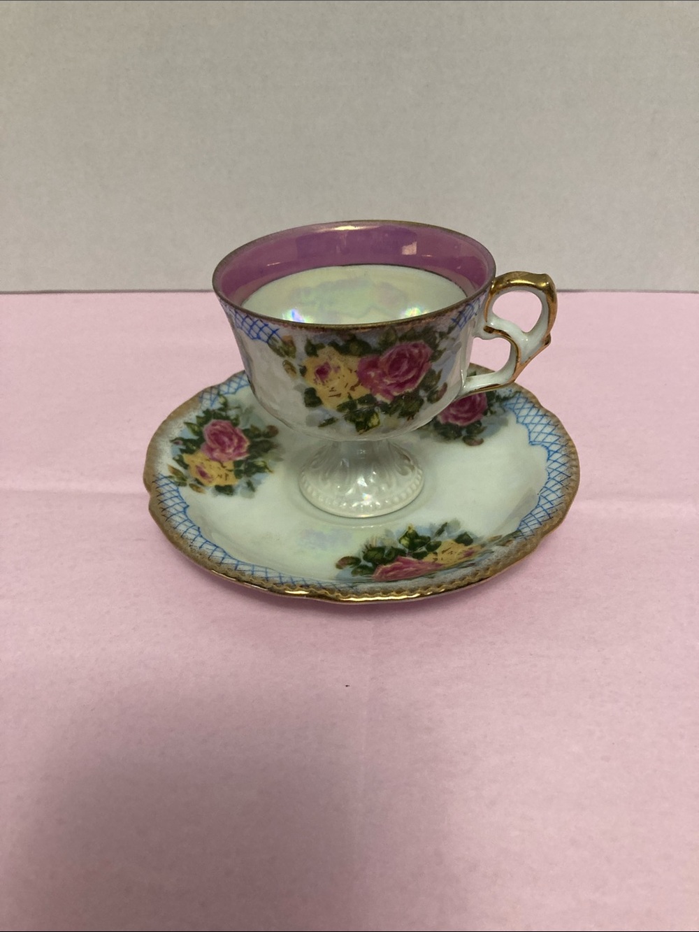 Vintage Sonsco Japan cup and saucer set rose design gold trim pearlware finish